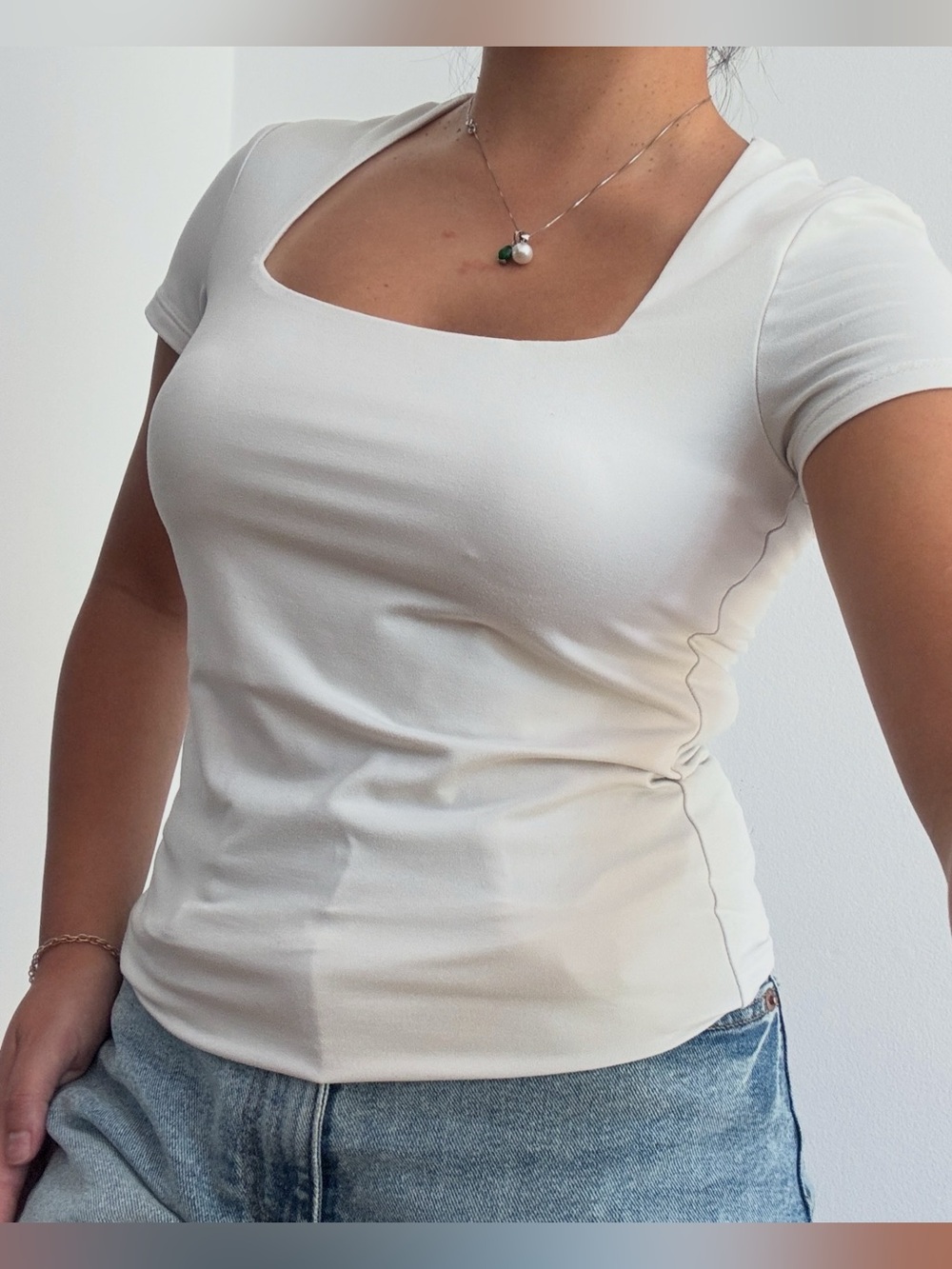 H&M Cream Square Neck Short Sleeve Tee